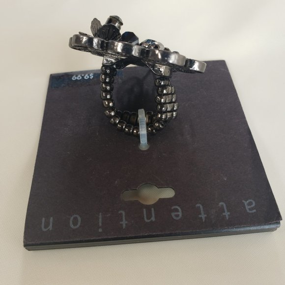 NOS Attention Black Rose Rhinestones Ornate Heart Shaped Flexible Shank Ring - Picture 5 of 7